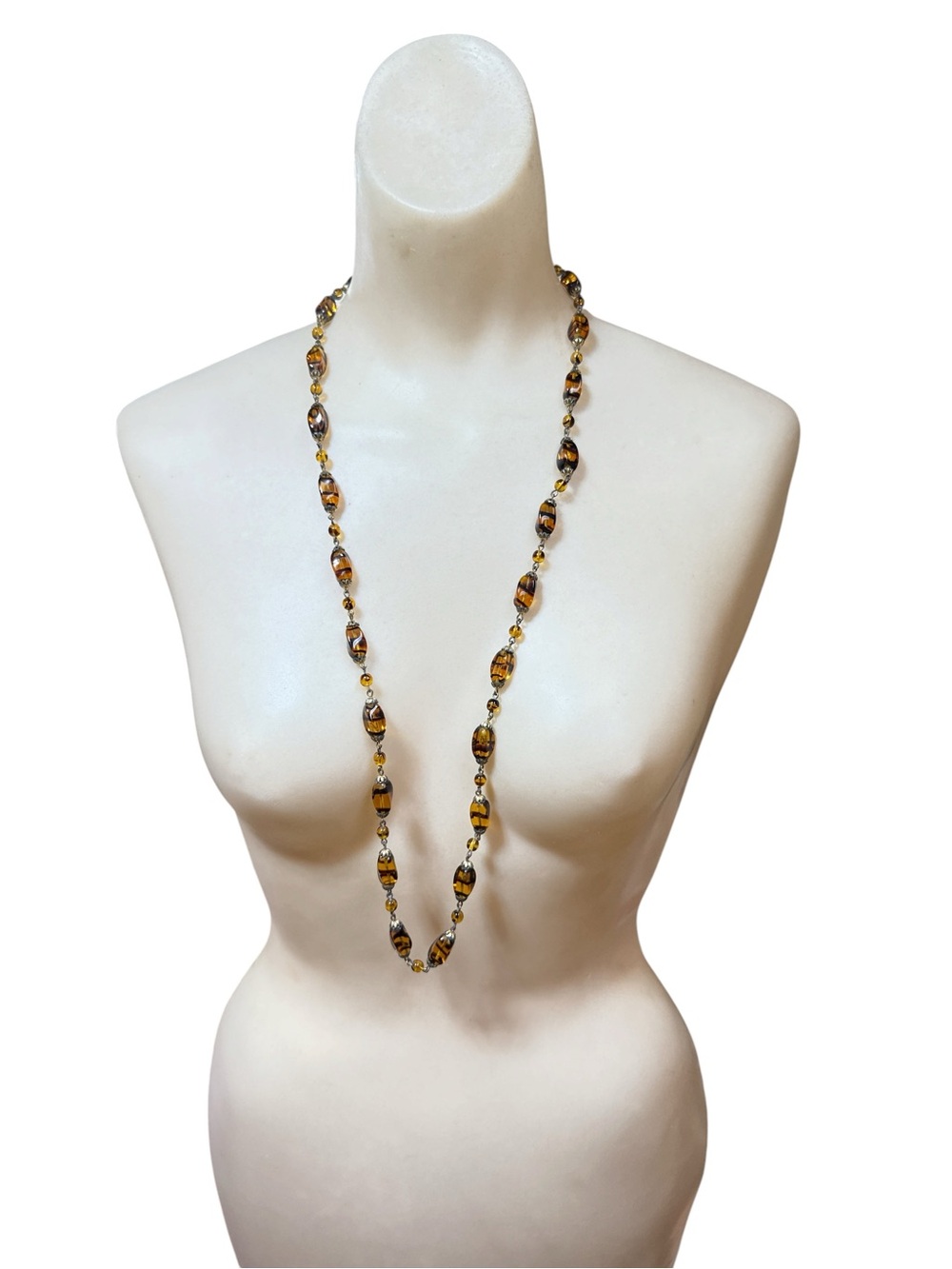 Vintage Faux Tortoise Shell Glass Bead Endless Necklace 34” Long Statement Boho